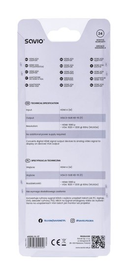 Adapter SAVIO cl-27 (HDMI M - D-Sub (VGA) F; 0,10m; kolor biały)
