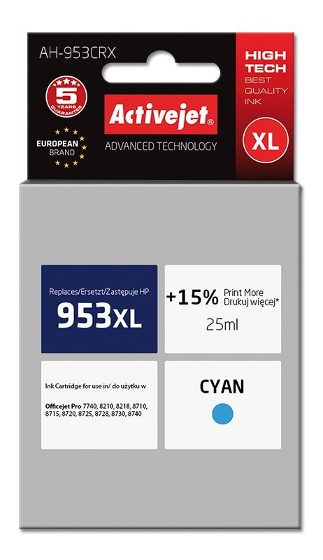 Activejet AH-953CRX Tusz (zamiennik HP 953XL F6U16AE; Premium; 25 ml; niebieski)